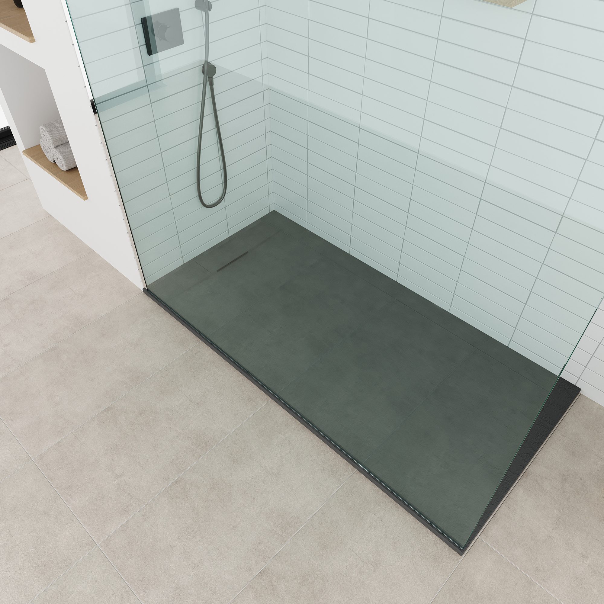SMC Shower Tray Polar in Stone Look with Drain Assembly - Black