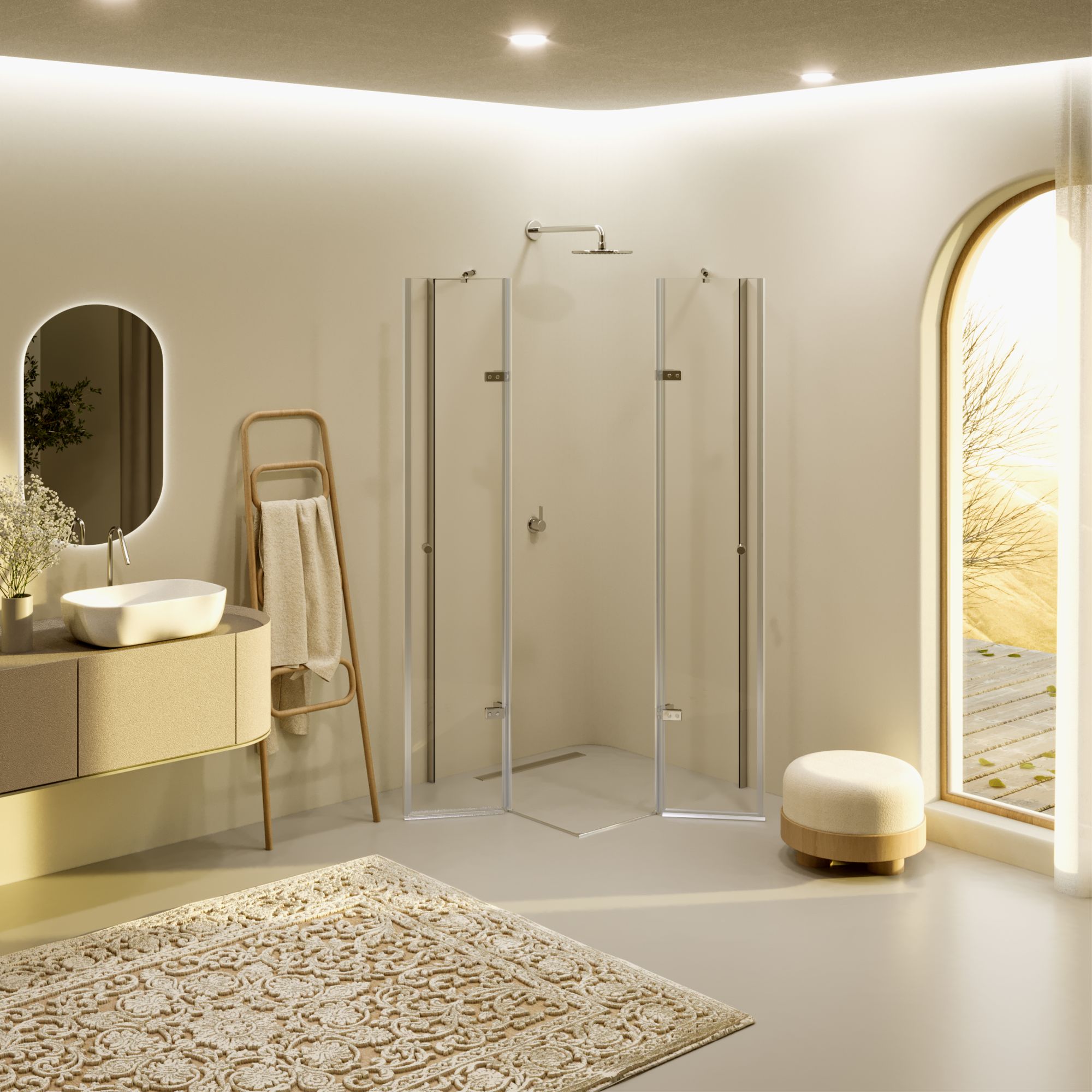 Corner Entry Alice with Folding Doors made of ESG Safety Glass Corner Entry Alice with Folding Doors made of ESG Safety Glass