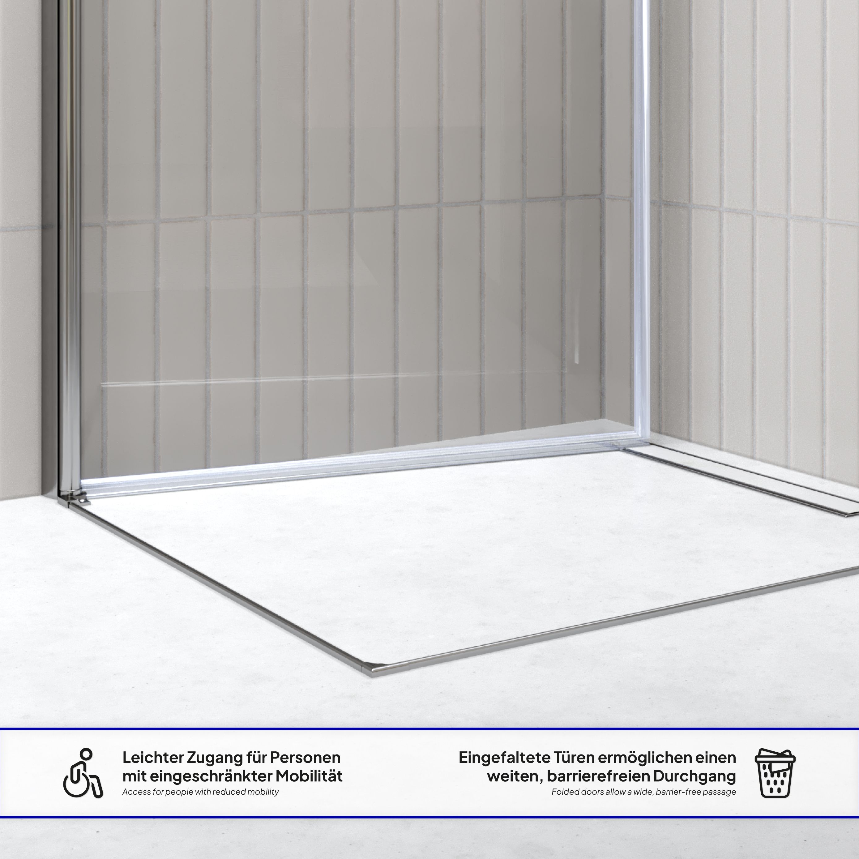 Corner Entry Gaia with Pivot Doors made of ESG Safety Glass Gaia – Eckeinstieg mit Pendeltüren aus ESG Sicherheitsglas