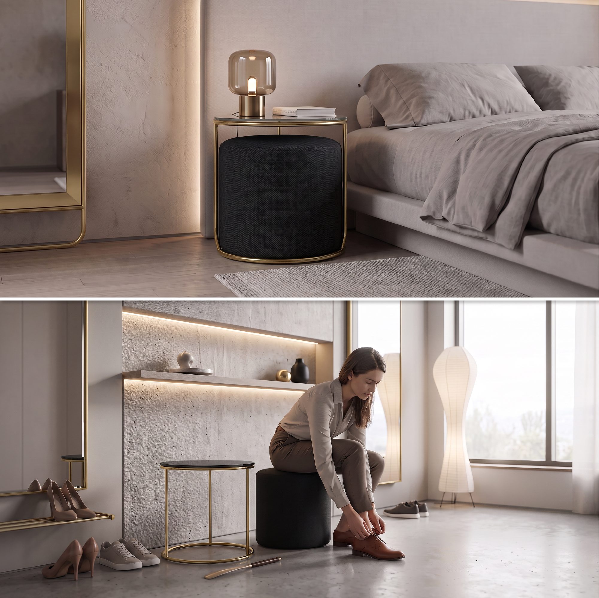 Side Table with Stool JASPER - Round Coffee Table 40x40 cm Gold-Black N3