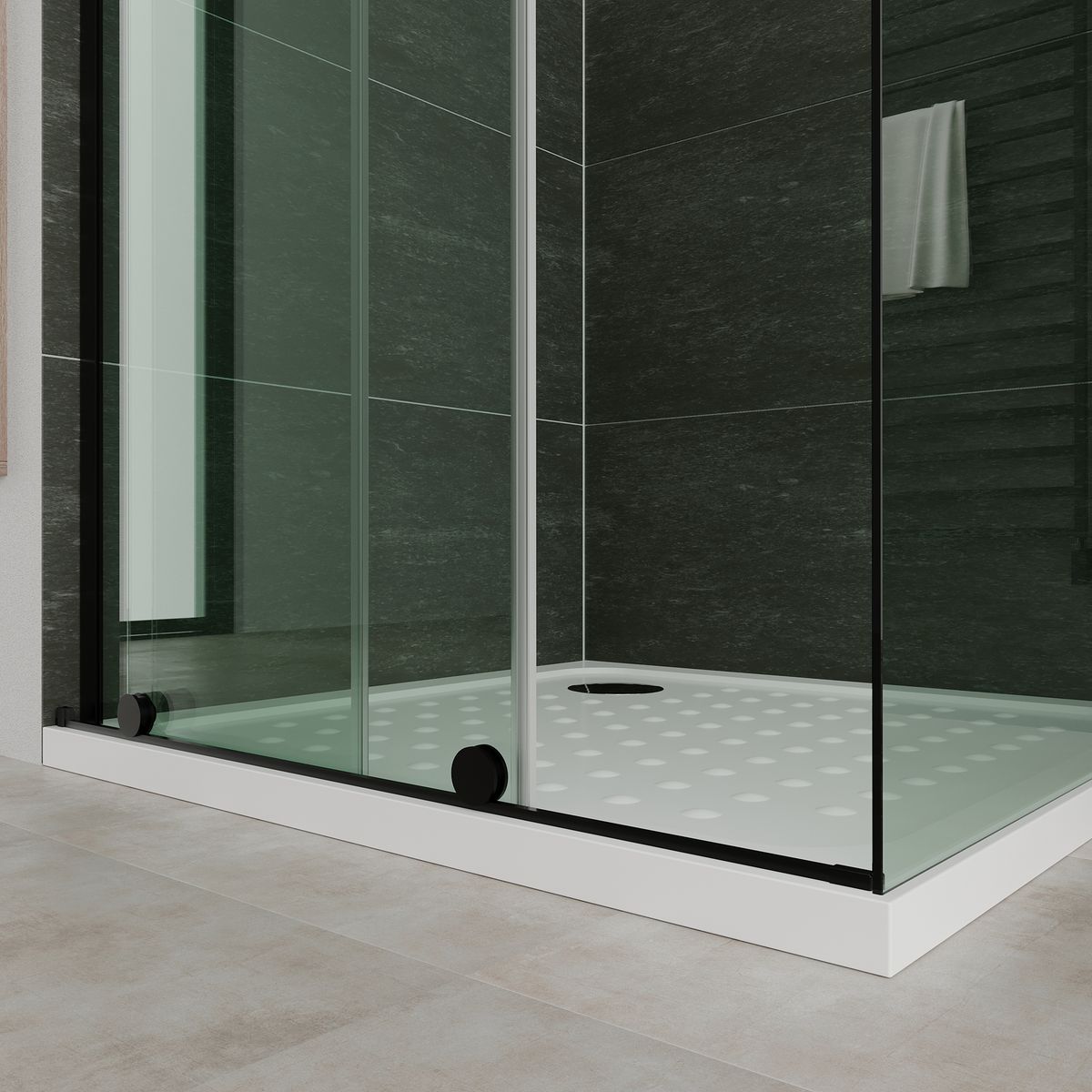 Fronteinstieg NADINE mit Schiebetür in Schwarz aus 8mm ESG Klarglas