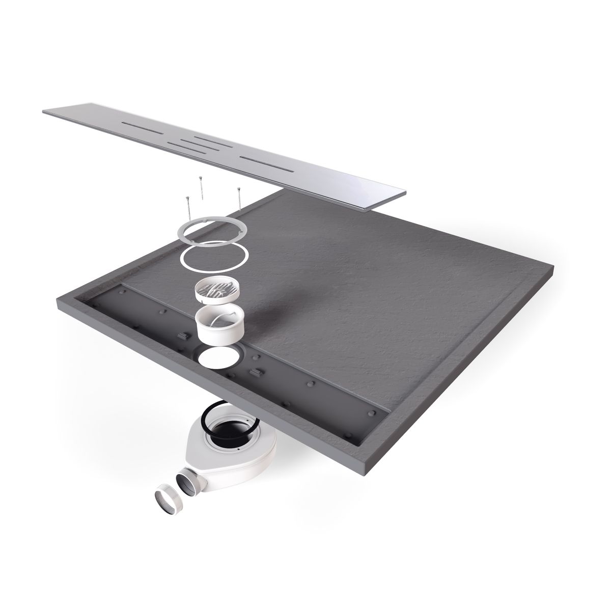 SMC Duschwanne Hiemal in Schieferoptik inkl. Ablaufgarnitur Grau mit Edelstahldeckel 90x90 cm