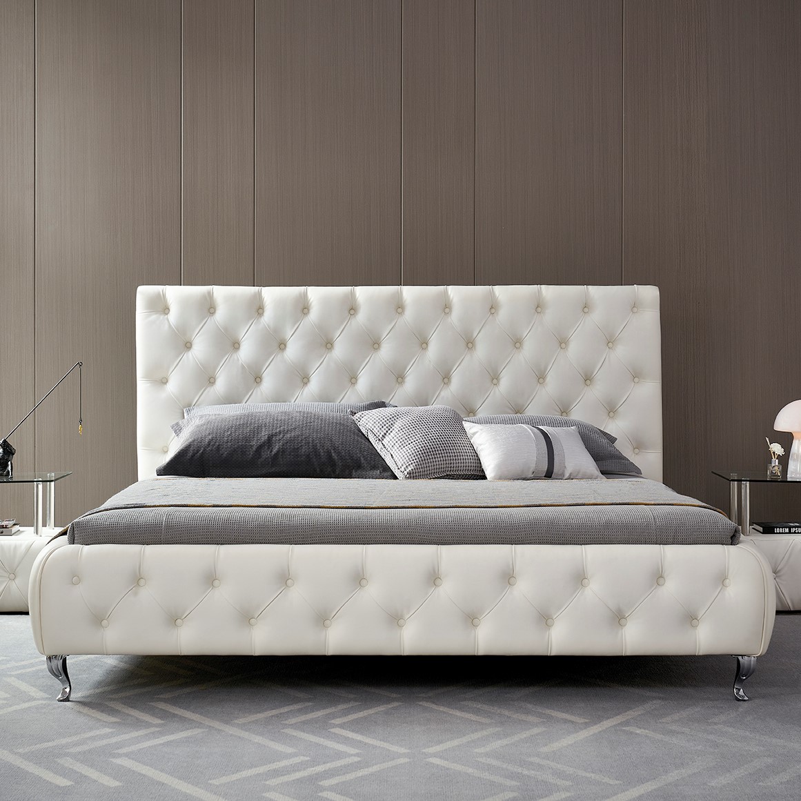 Polsterbett Amour 140x200 cm Weiß mit Lederknöpfen Amour – Design Upholstered Bed in White with Leather Buttons
