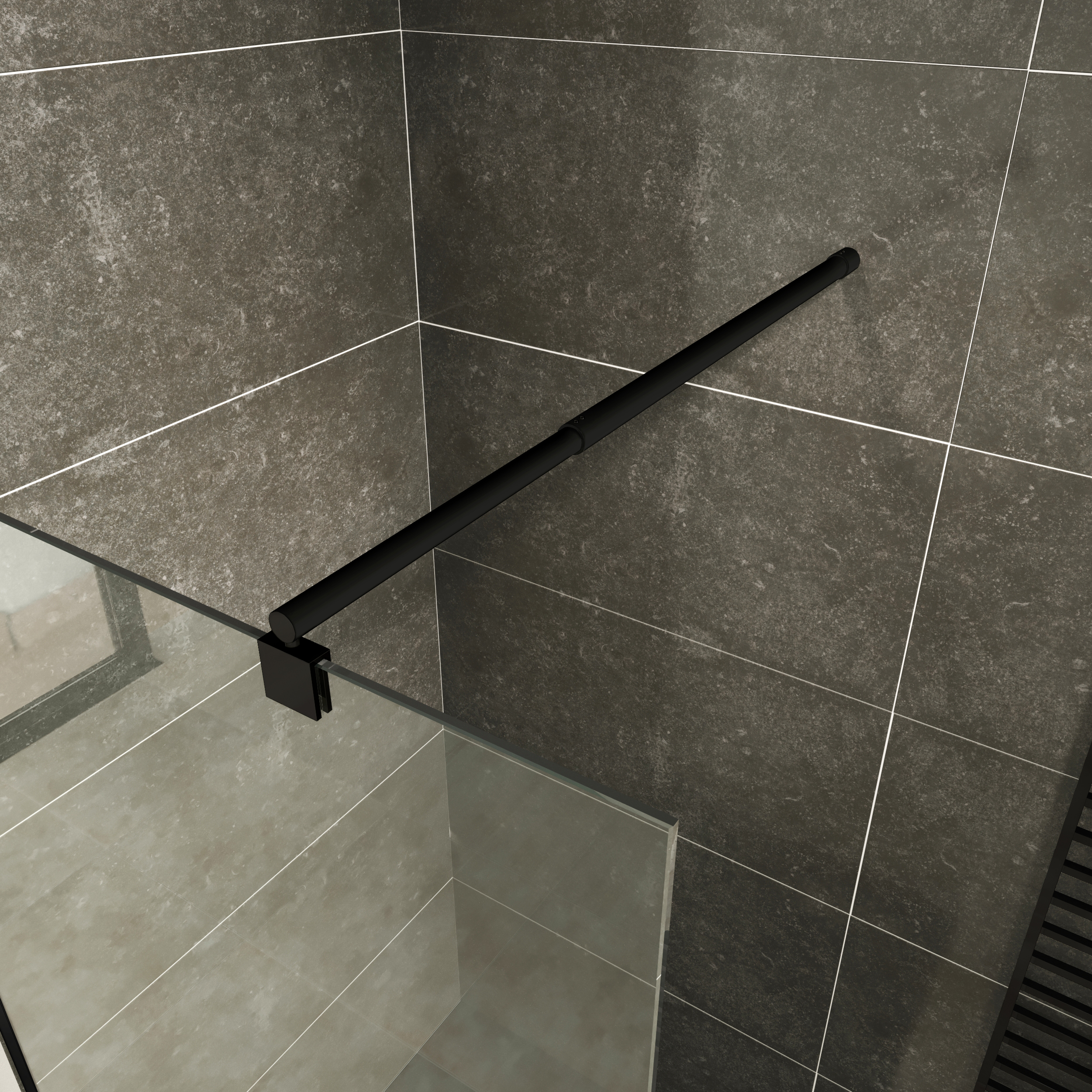 Walk-In Shower Fiona made of 10 mm thick ESG safety glass and black aluminum profile.