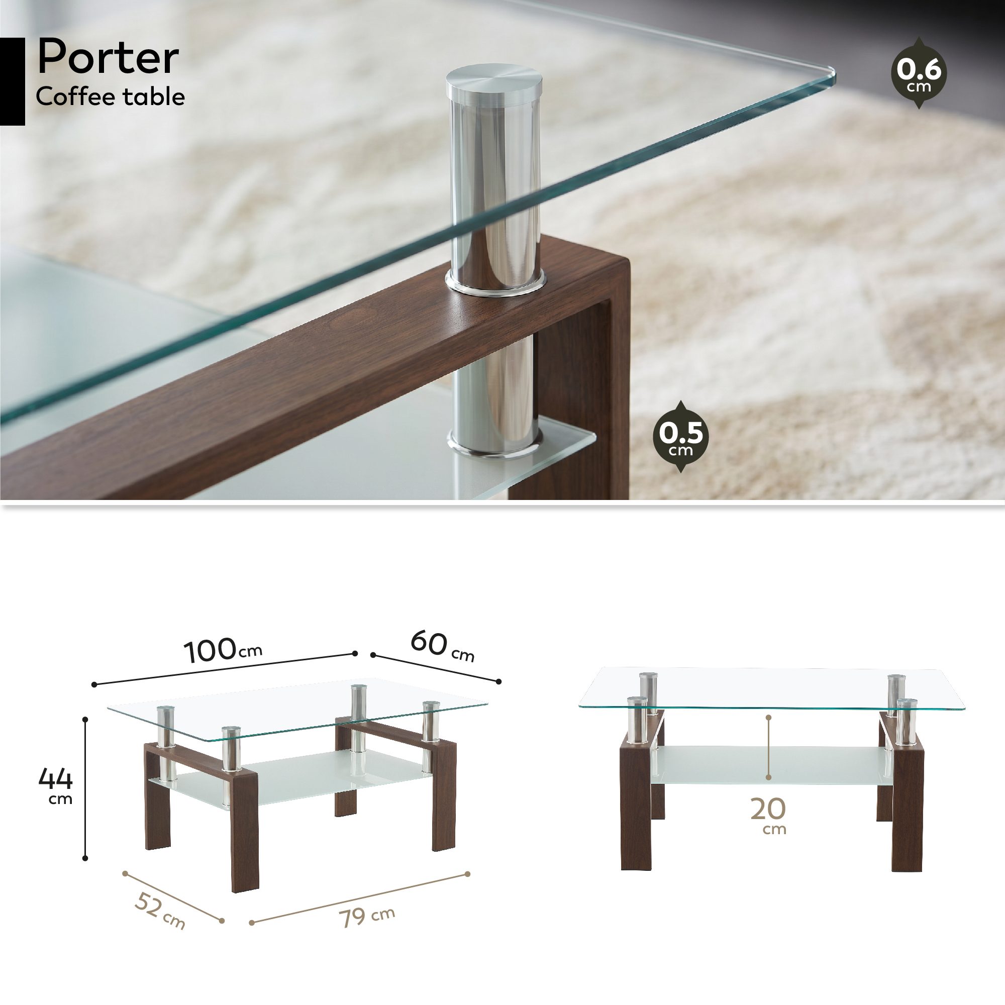 Coffee Table PORTER made of Glass/Metal with Walnut-Colored Wood