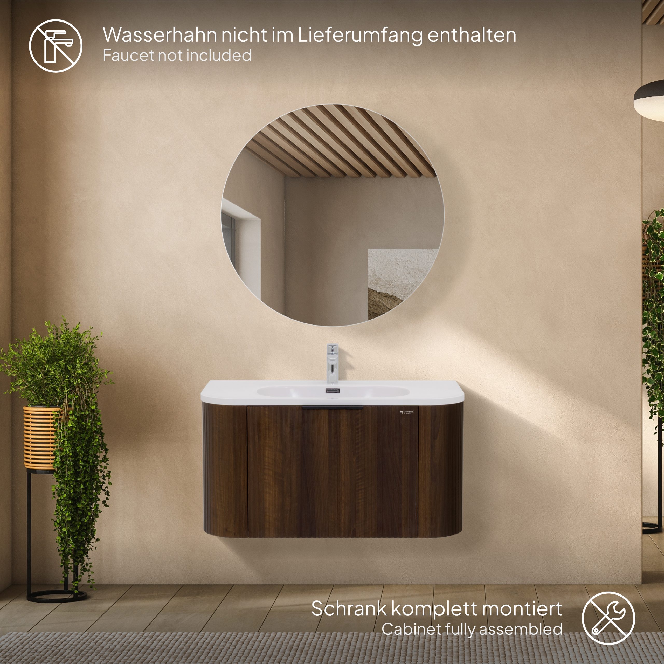 Badmöbel-Set Maia Plus, wandhängend, mit lamellenförmigem Nussbaumdekor, Mineralguss-Waschtisch und LED-Spiegel mit Antibeschlag