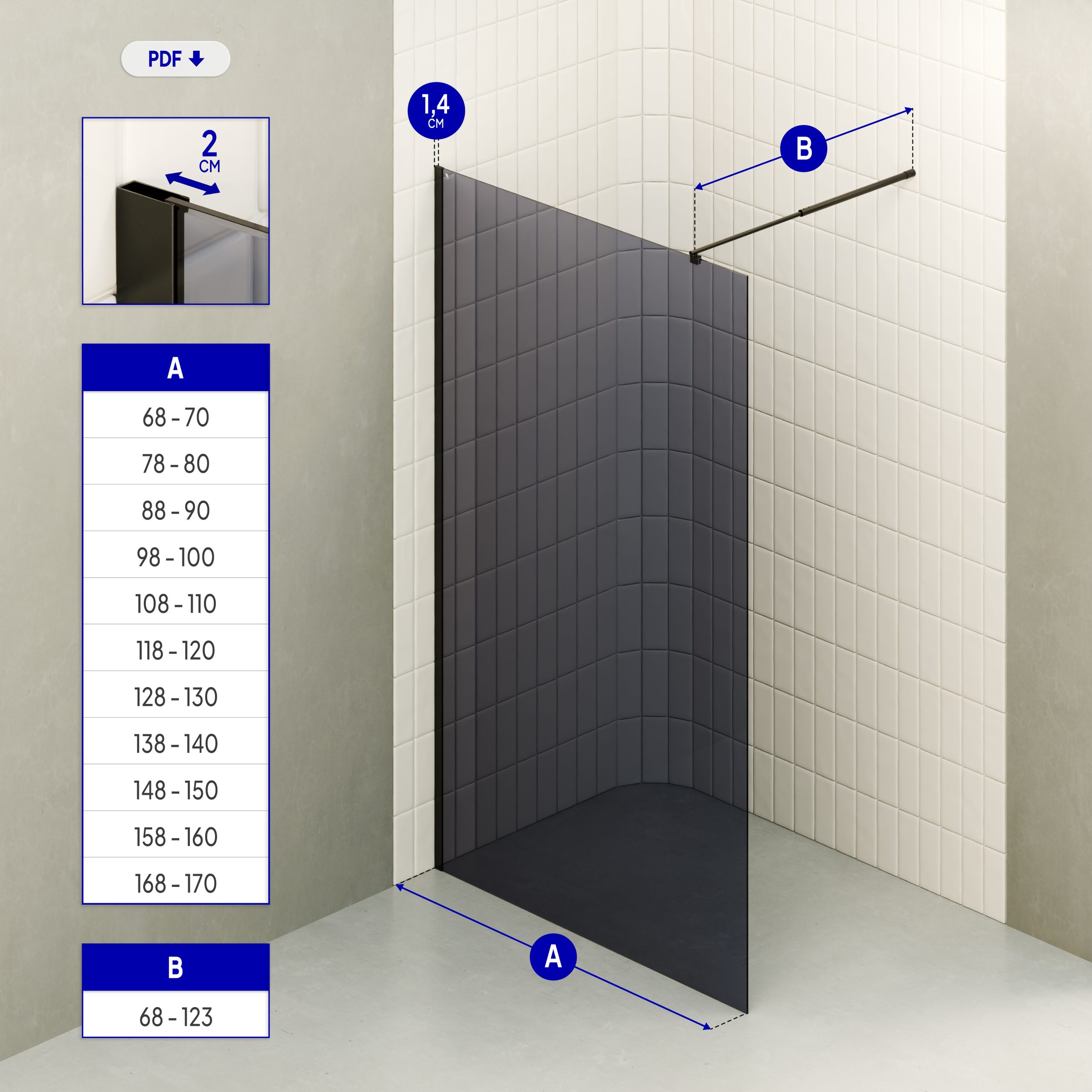 Walk-In Shower Fiona made of 10 mm thick gray ESG safety glass and black aluminum profile. Fiona – Walk-In Shower made of 10 mm thick gray ESG safety glass and black aluminum profile.
