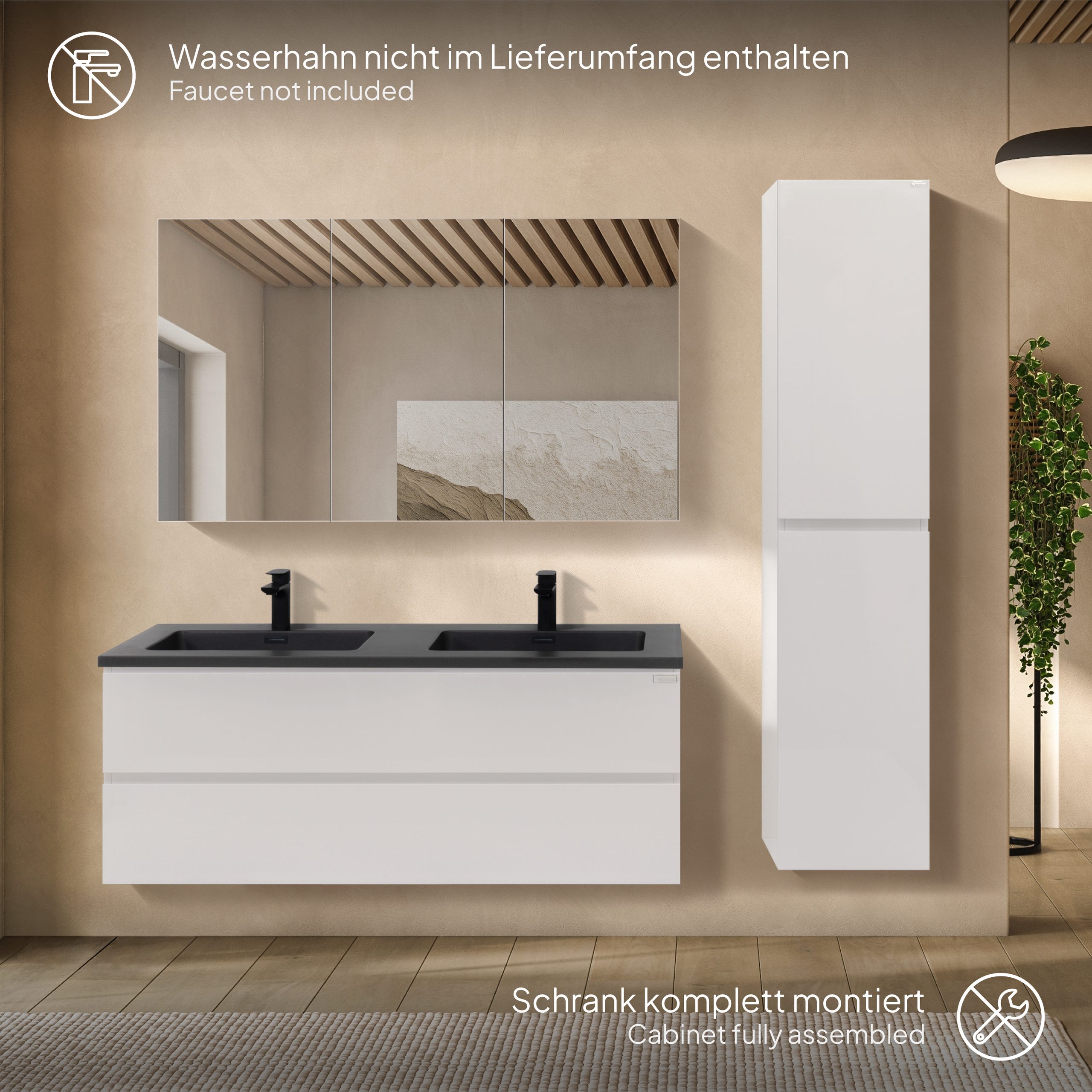 Badmöbel-Set Atena [120 cm] mit Mineralharz-Waschbecken in Hochglanz Schwarz, Unterschrank mit Spiegel und hängendem Hochschrank in Weiß