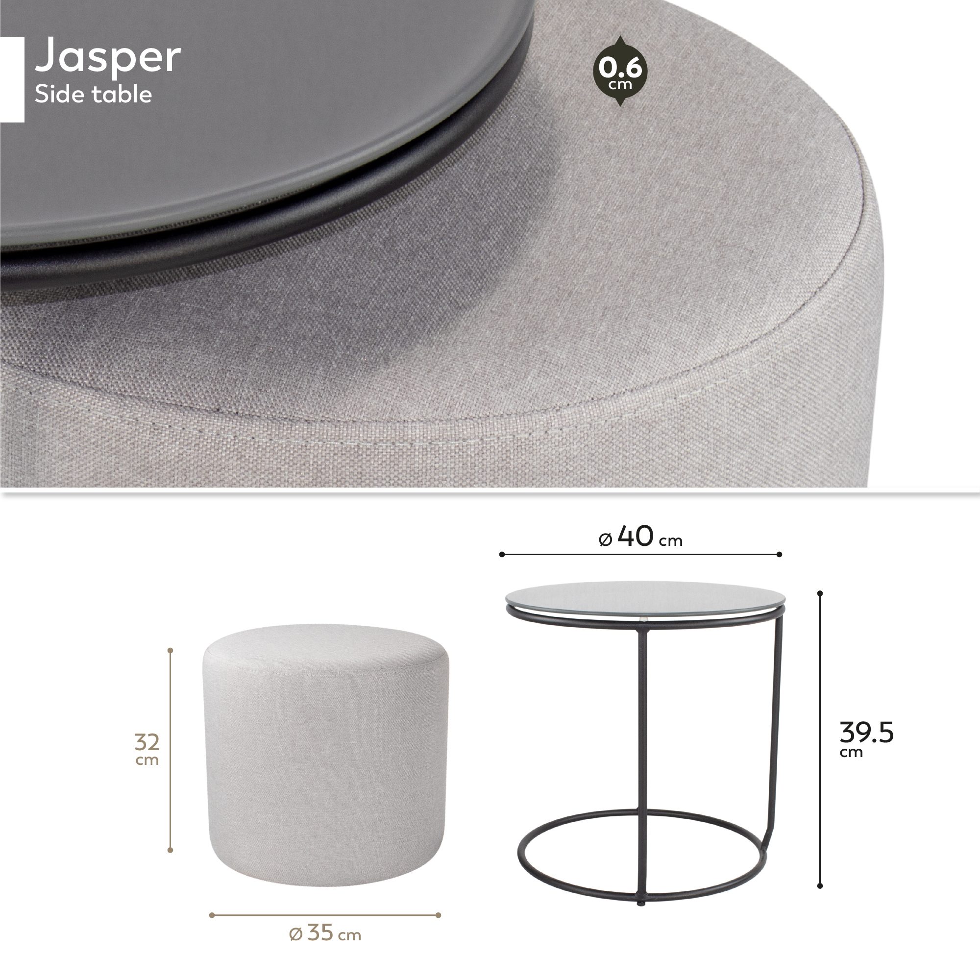 Side Table with Stool JASPER - Round Coffee Table 40x40 cm Black-Grey N7