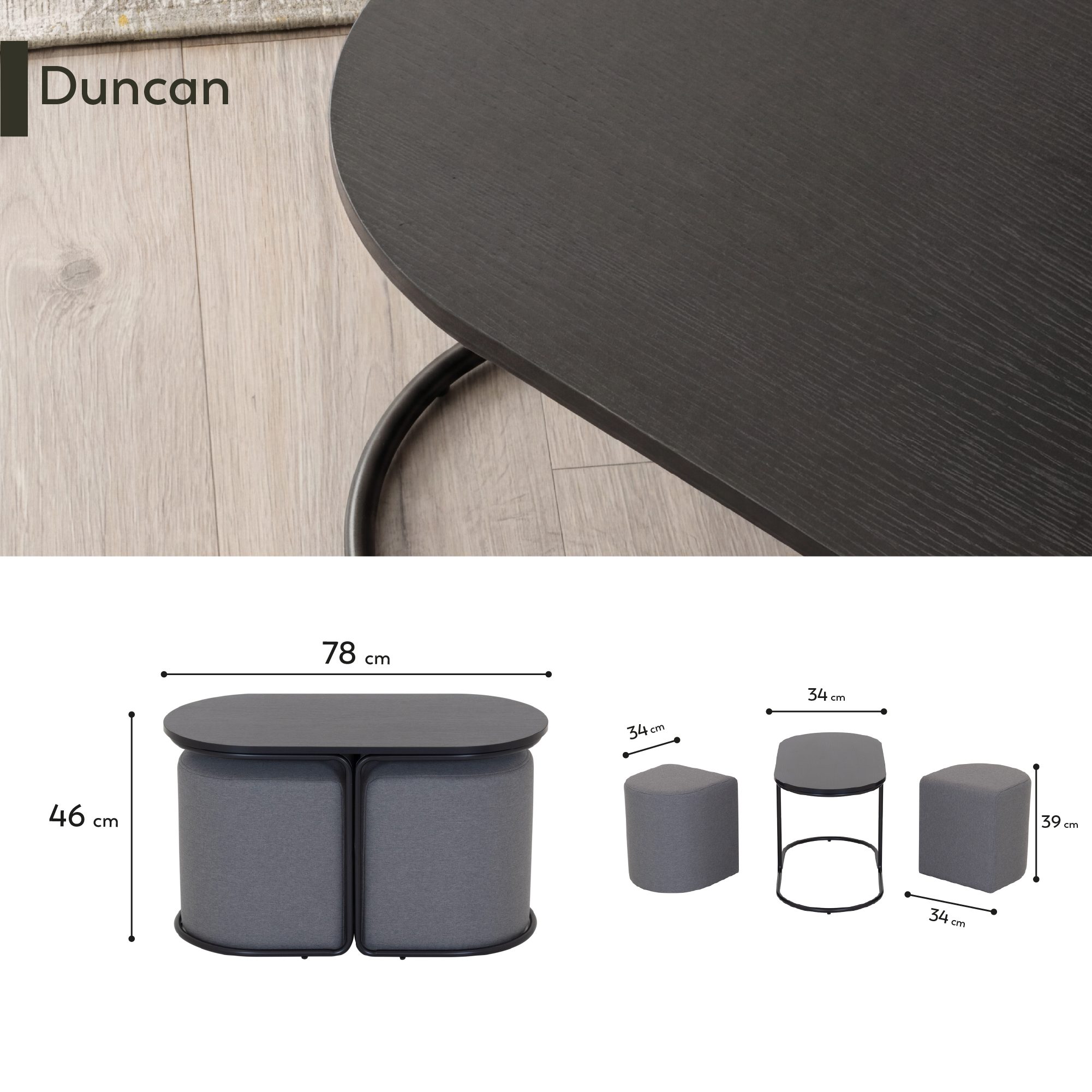 Couchtisch DUNCAN mit 2 Sitzmodulen | Tischplatte in schwarzer Holzoptik und Metallgestell