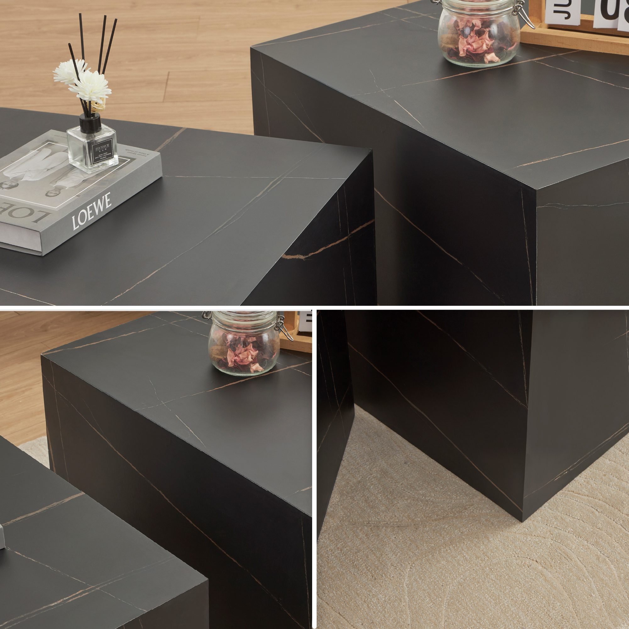 Couchtische / Beistelltisch TANEDA in Schwarz mit dekorativer Maserung - 2er Set