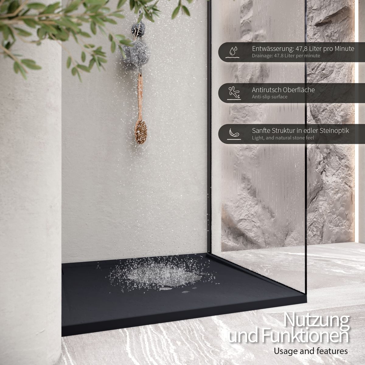 SMC Duschwanne Hiemal in Schieferoptik inkl. Ablaufgarnitur Schwarz 90x90 cm