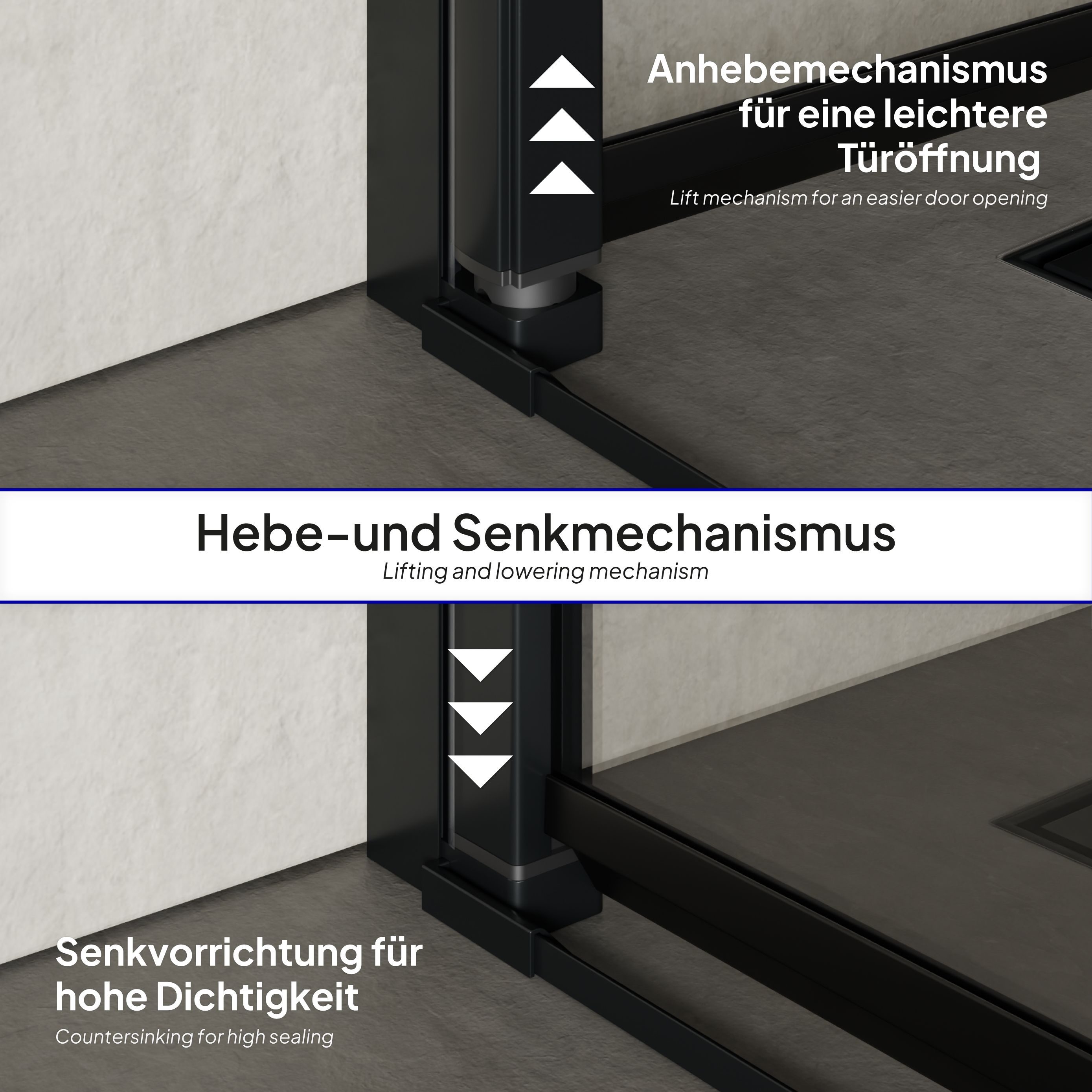 Corner entry Belle with folding doors and black profiles made of ESG safety glass.