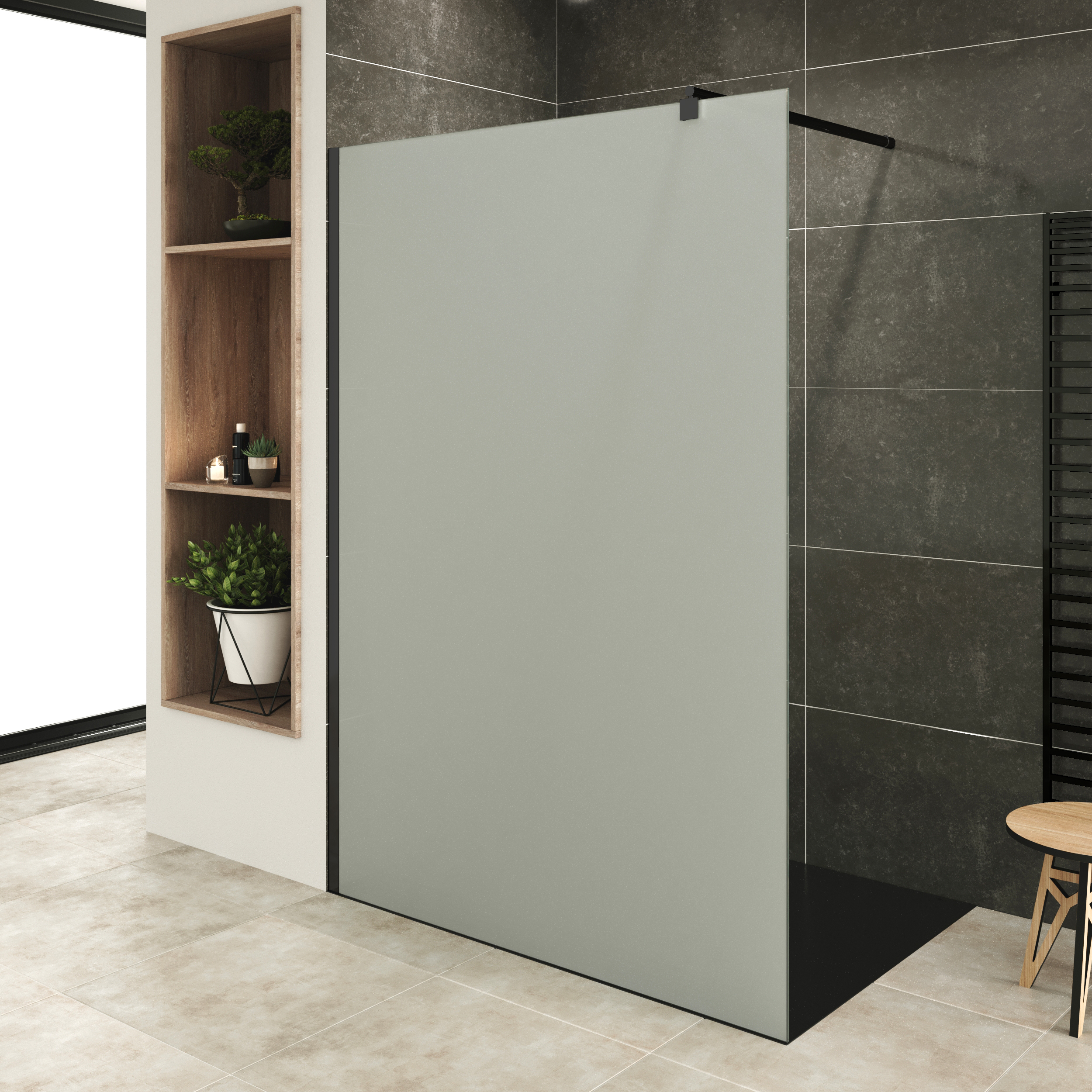 Walk In Dusche Fiona aus 10 mm starkem satiniertem ESG Sicherheitsglas und Aluminium Profil Schwarz 90x200 cm