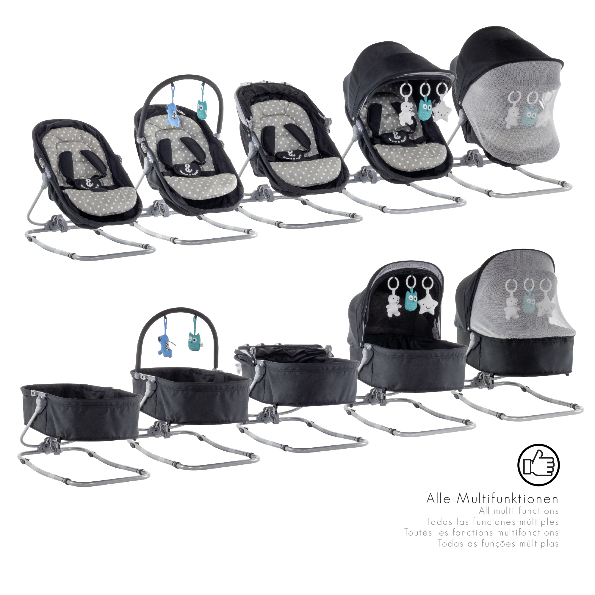 Babywippe PAVO mit Wiegenfunktion und Spielebogen