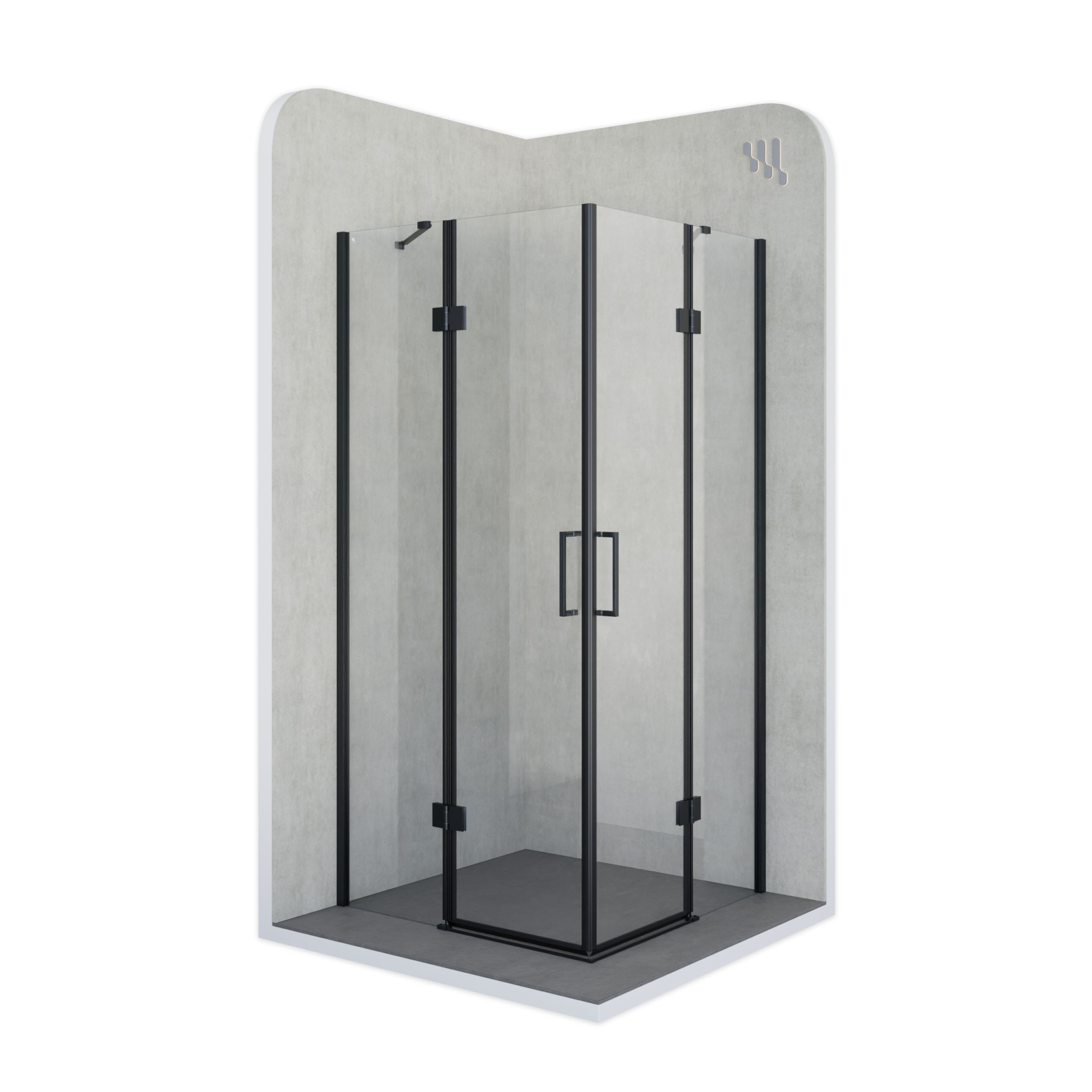 Corner entry Celine with folding doors and black profiles made of ESG safety glass.