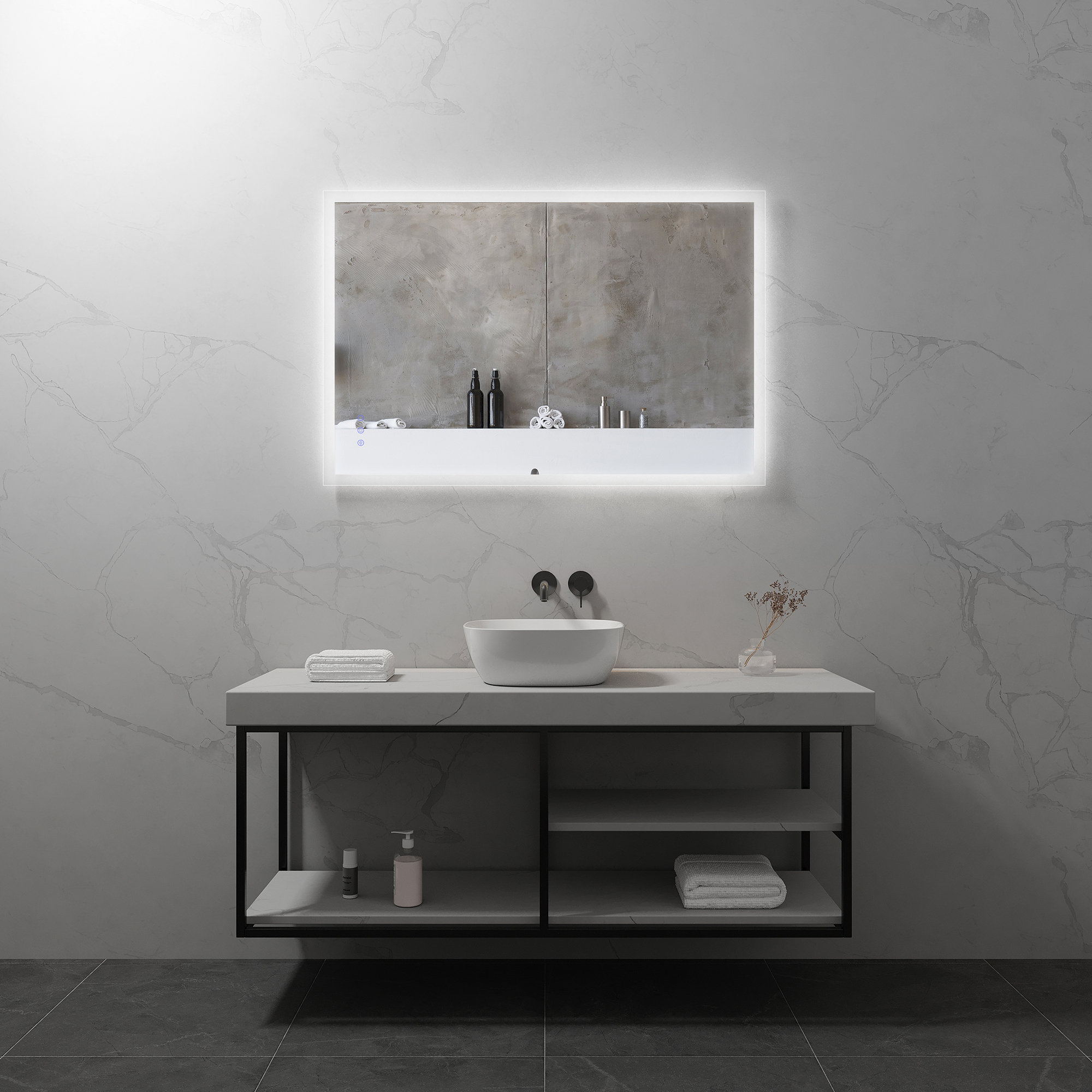 LED Badspiegel Frame Badezimmerspiegel mit dimmbarer Beleuchtung, Farbwechsel und Antibeschlag-Funktion IP44 IP44 – LED Badspiegel Frame Badezimmerspiegel mit dimmbarer Beleuchtung, Farbwechsel und Antibeschlag-Funktion