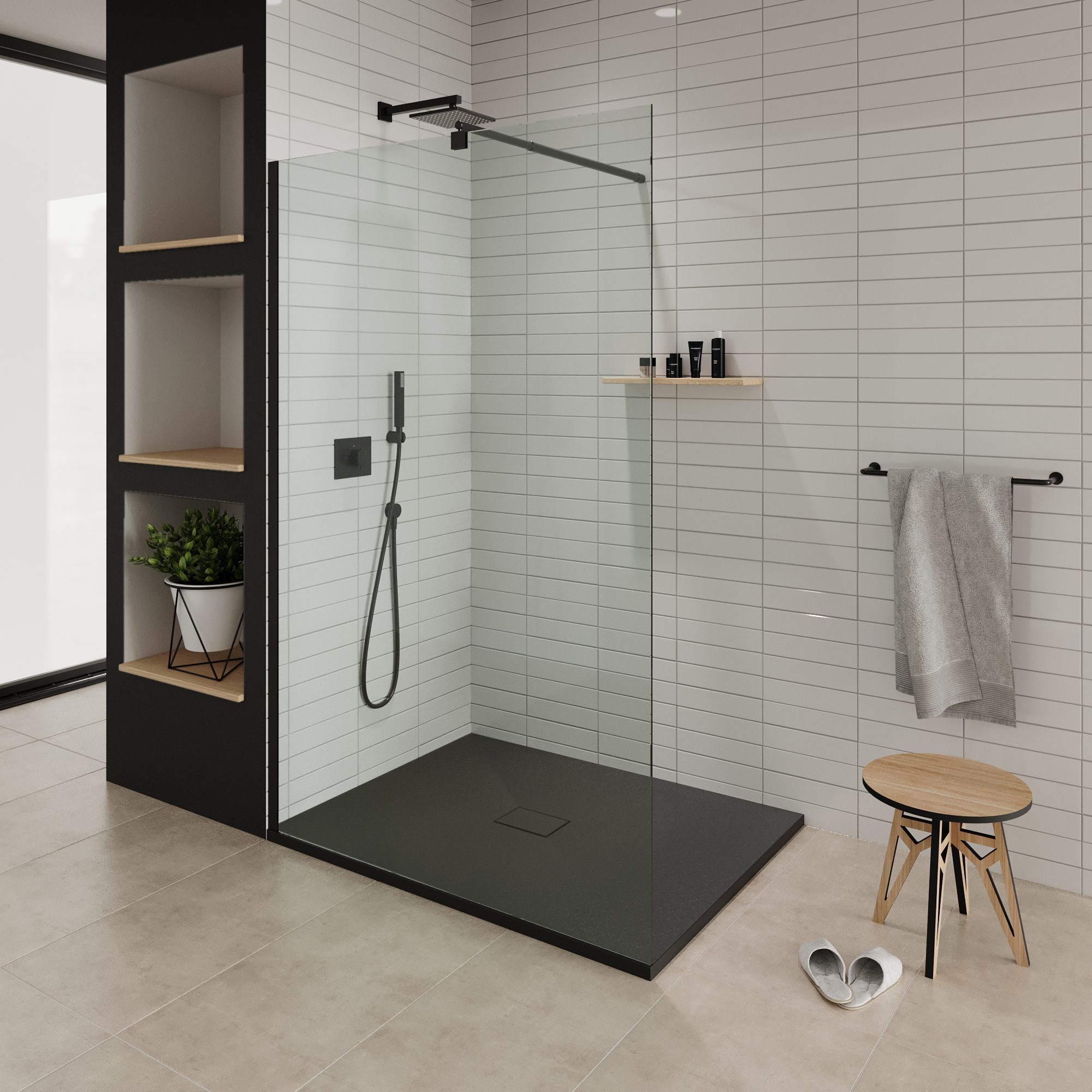 Tray – SMC Boreal Shower in Stone Look with Drain Assembly - Black
