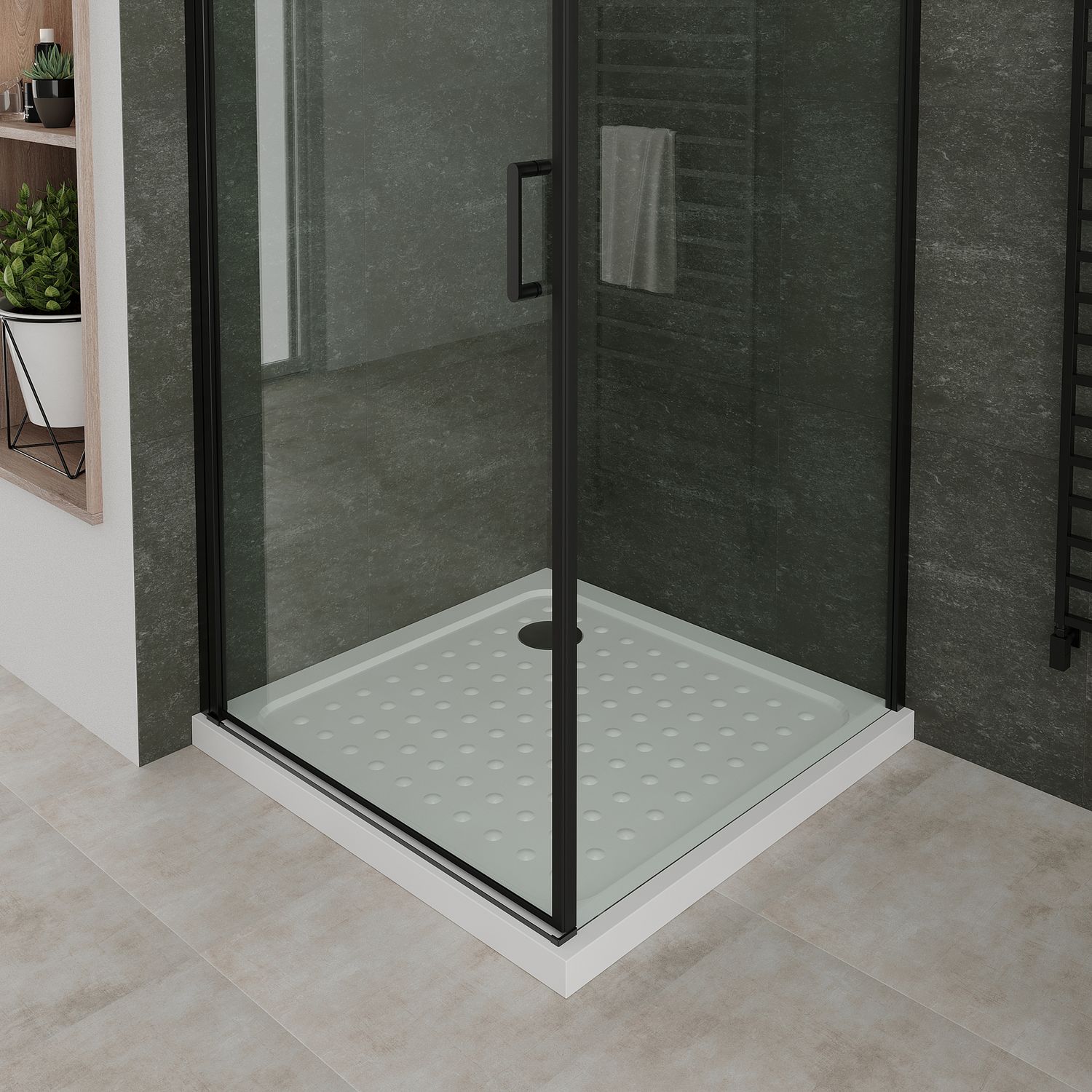 Fronteinstieg Hellen mit Klapptür und schwarzen Profilen aus ESG Sicherheitsglas Fronteinstieg Hellen mit Klapptür und schwarzen Profilen aus ESG Sicherheitsglas