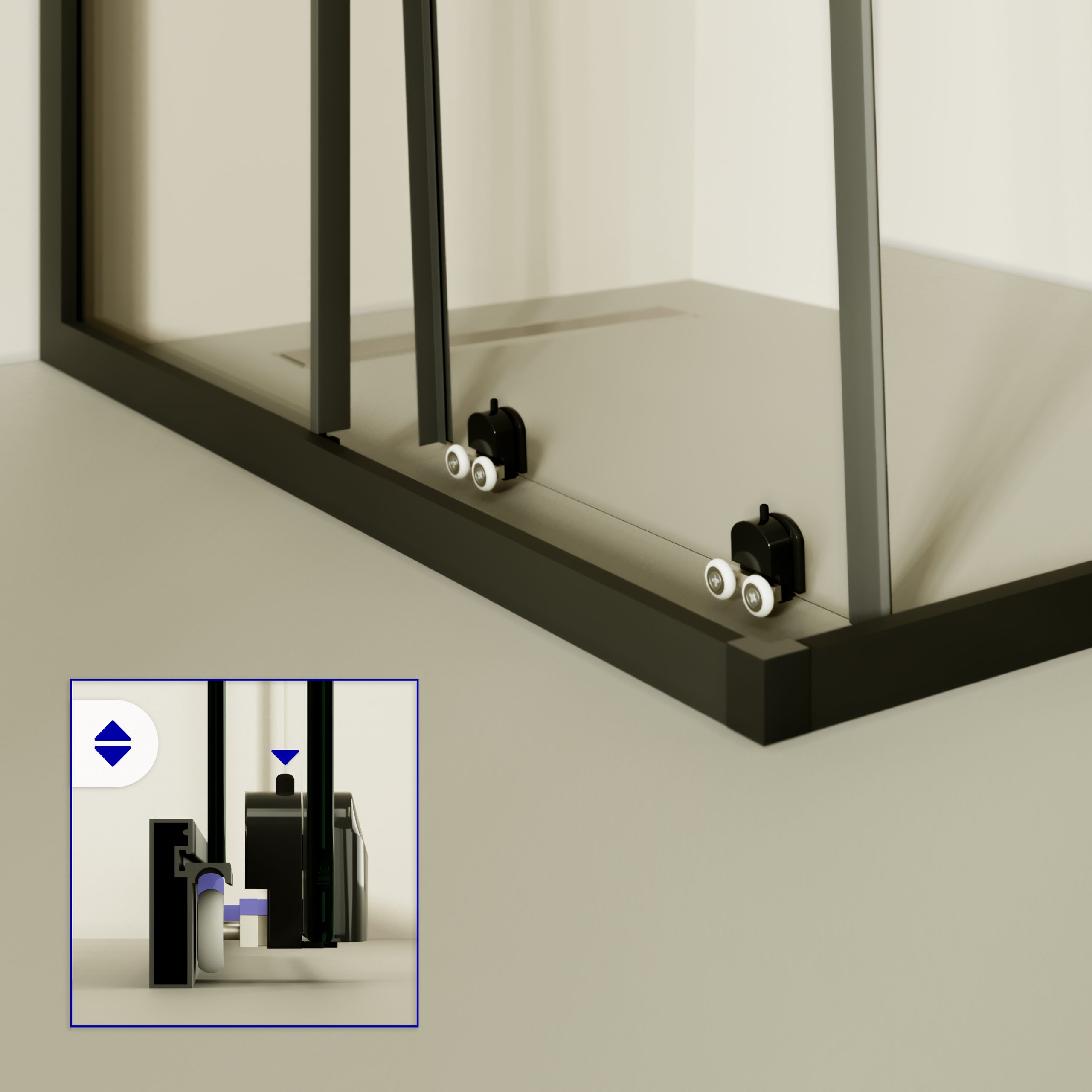 Corner entry Danielle with sliding doors and black profiles made of ESG safety glass.