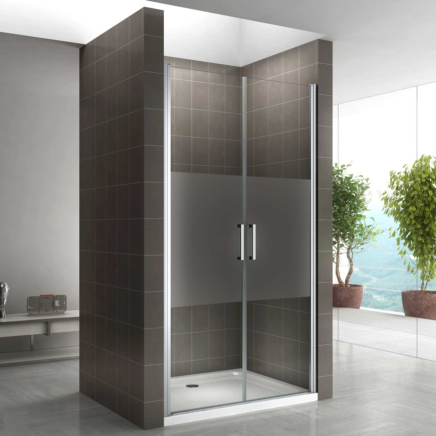 Duschtür Lara mit Pendeltüren und Edelstahlgriffe 68-140 cm aus teilsatiniertem ESG Sicherheitsglas Duschtür Lara mit Pendeltüren und Edelstahlgriffe 68-140 cm aus teilsatiniertem ESG Sicherheitsglas