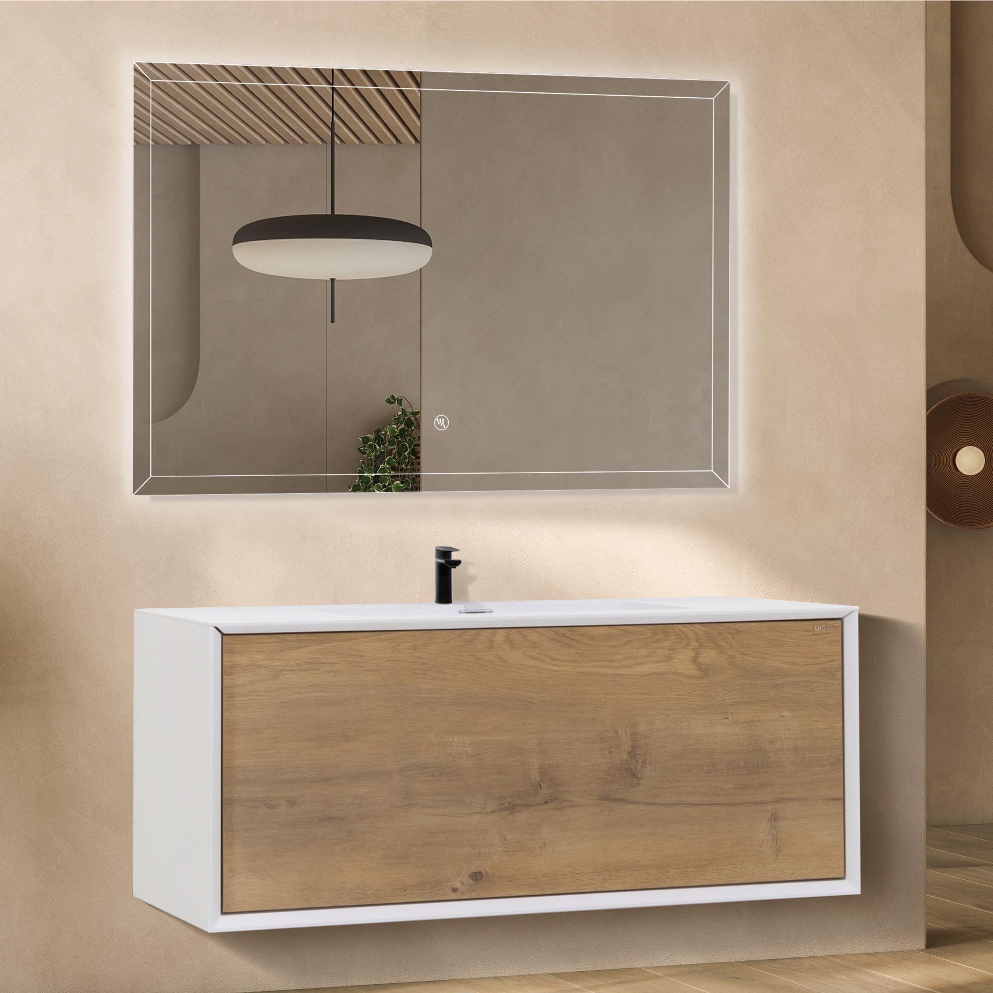 Badmöbelset Hebe 90 cm – Weiß Matt & Eiche, Mineralguss-Waschbecken & LED-Antibeschlag-Spiegel Hebe – Badmöbelset 90 cm – Weiß Matt & Eiche, Mineralguss-Waschbecken & LED-Antibeschlag-Spiegel